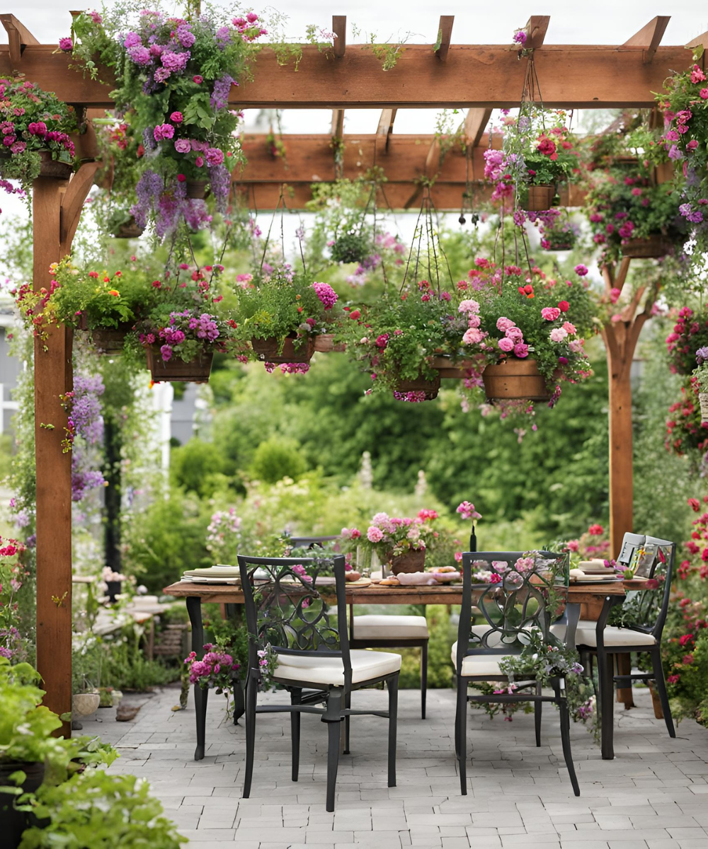 white wood pergola with hanging 
            flower baskets with different shades of pink and purple blooms